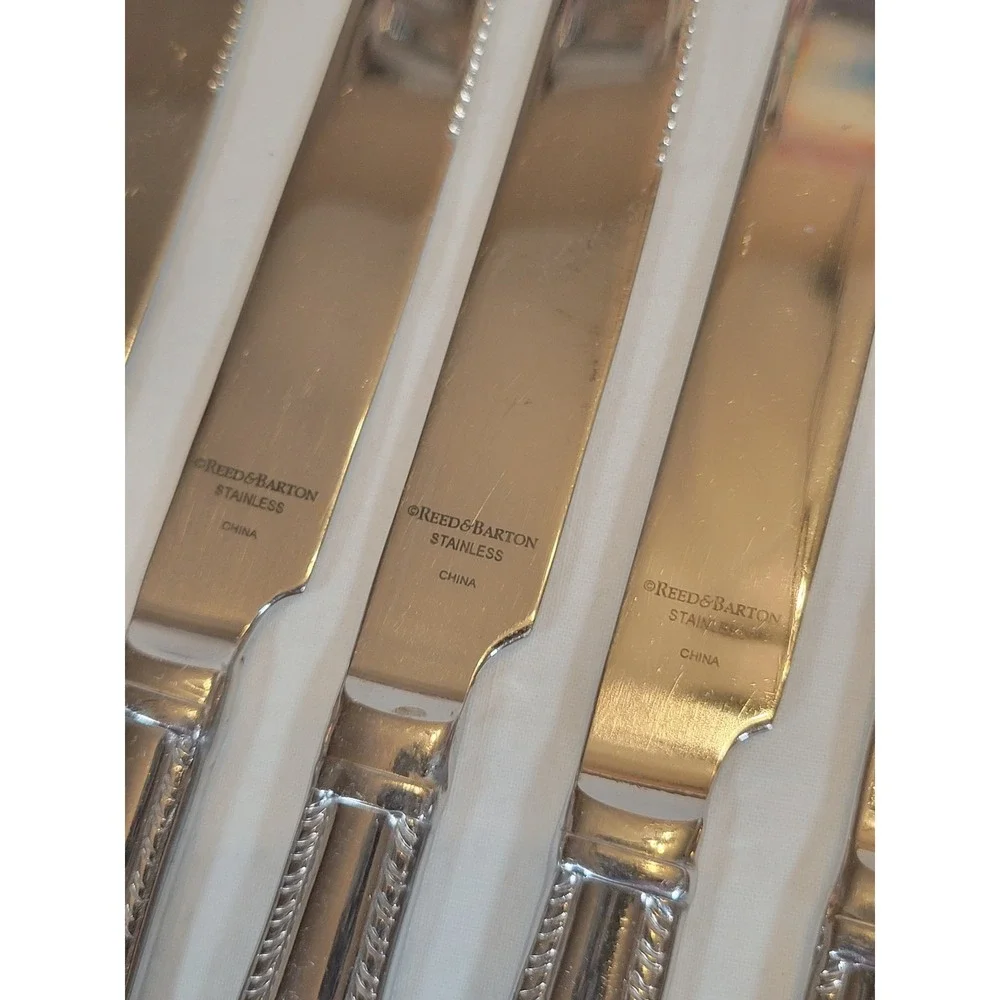 Reed & Barton Domain Steak Knives Set of 6 18/10 Stainless Rope Edge Shell 9.75